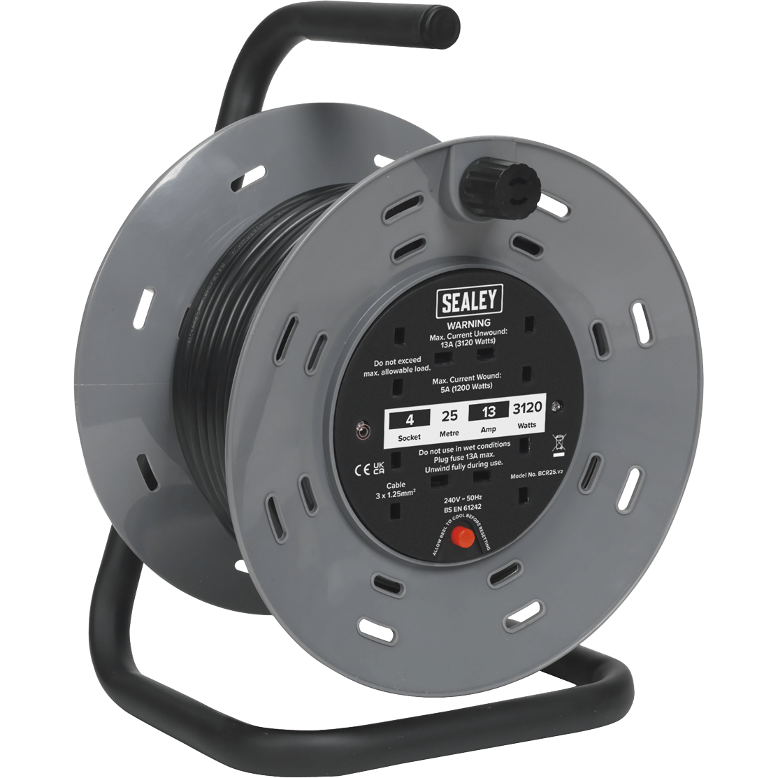 Sealey 2 Socket Cable Extension Reel 240v 25m