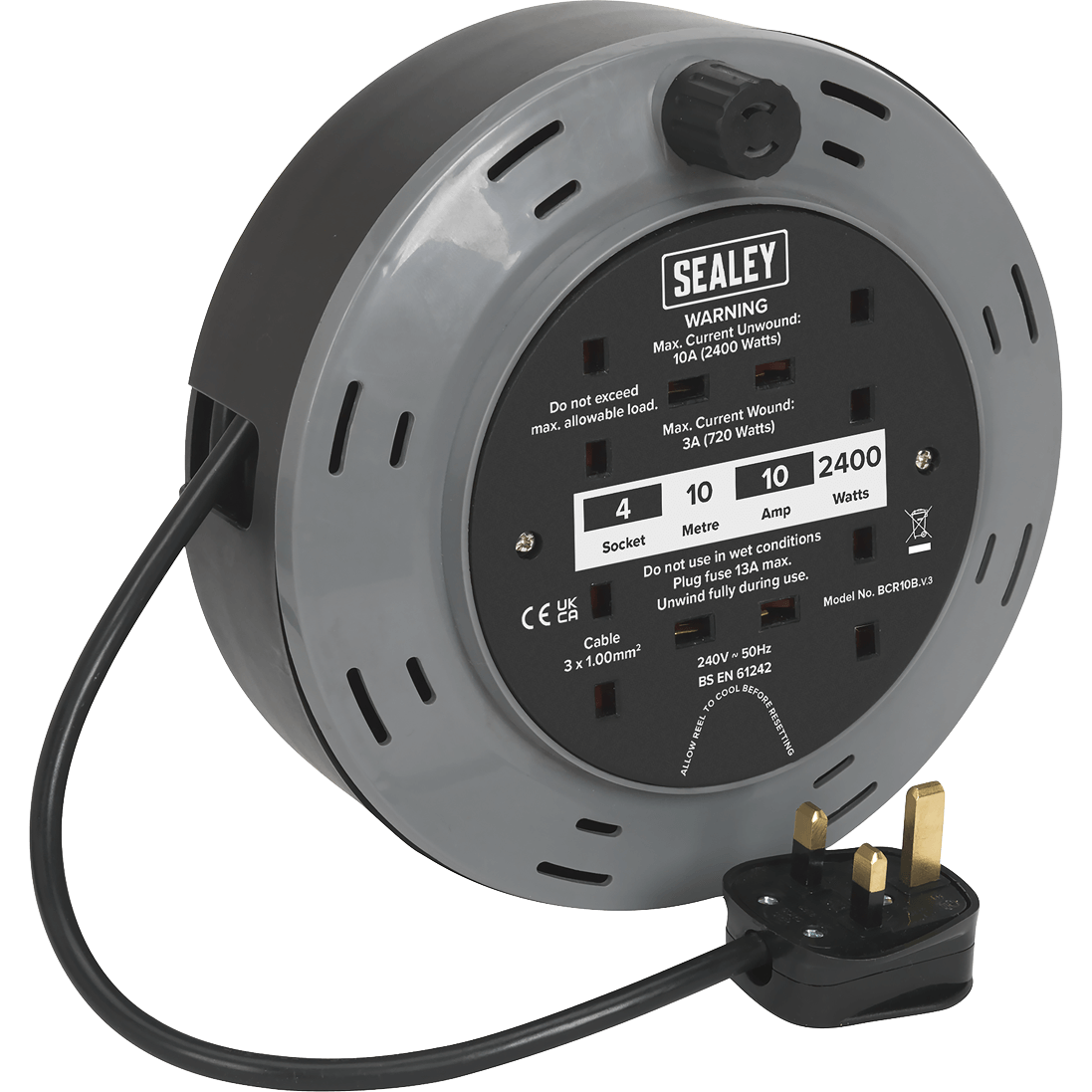 Sealey 2 Socket Cable Reel Cassette 240v 10m