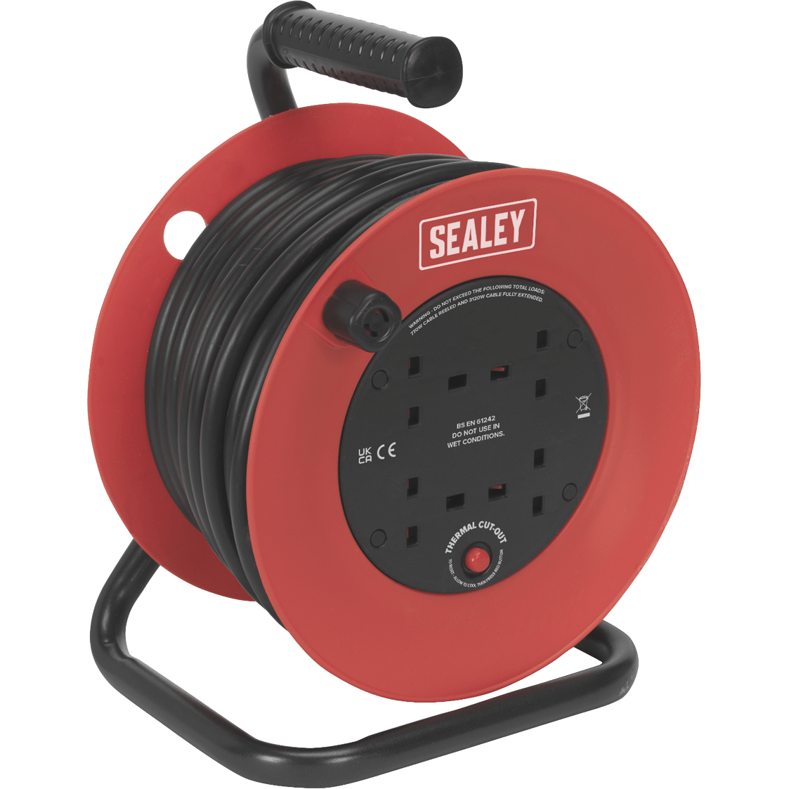 Sealey 4 Socket Heavy Duty Thermal Trip Cable Reel 240v 25m