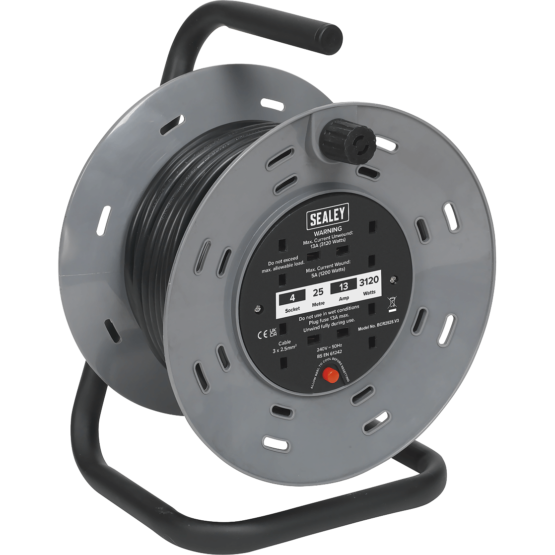 Sealey 4 Socket Heavy Duty Cable Extension Reel 240v 25m
